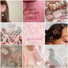 a collage of pink and white pictures with different things in the middle one has a dove on it