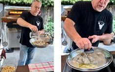 two pictures of a man cooking food on the stove