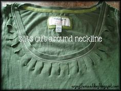 a green shirt with ruffles on it and the words sits cut around neckline