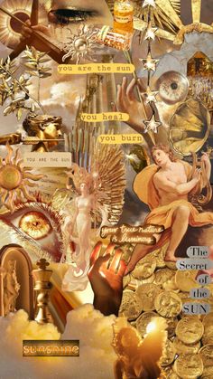 a collage with many different items and words on the top, including gold coins