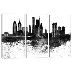 three black and white cityscapes with buildings in the background