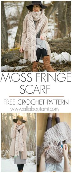 a woman wearing a hat and scarf in the snow with text that reads moss fringe scarf free crochet pattern