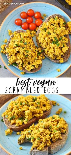 two plates with eggs, tomatoes and bread on them next to the words best vegan scrambled eggs