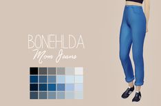 an image of a woman in blue pants and black top with the words bonehead mom jeans