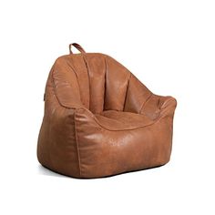 a brown bean bag chair sitting on top of a white floor