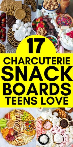 several different types of snacks and desserts with the words 17 characterie snack boards to love