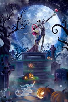 a skeleton standing on top of a grave in front of a full moon and cemetery