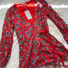 Great Condition, Never Worn Red Floral Dress For Spring Party, Red Floral Dress For Party, Red Floral Spring Party Dress, Fitted Red Floral Dress For Spring, Red Floral Dress For Brunch, Red Floral Print Dress For Brunch, Red V-neck Mini Dress For Brunch, Long Sleeve Red Dress For Spring, Red Spring Dress For Date Night