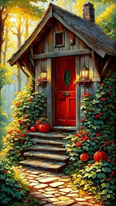 a painting of a red door surrounded by greenery and pumpkins on the steps