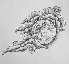 an ink drawing of the moon and clouds