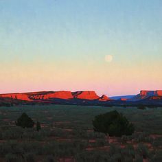 an oil painting of the setting sun over red rock formations in the distance with trees and grass