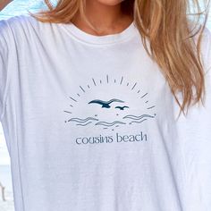 Cousins Beach Retro Beach T-Shirt, Cousins Beach Massachusetts, The Summer I Turned Pretty Inspired T-Shirt, TSITP Shirt This soft-style tee is perfect for any The Summer I Turned Pretty lover!  RETURNS OR EXCHANGES All of our items are printed as soon as you place your order, therefore we do not accept returns or exchanges.  If there are any issues with your item, please message us and we will work to find a solution. MATERIAL AND WASHING INSTRUCTIONS - 100% Cotton - Light and Soft fabric - Loo White Print Relaxed Fit Top For Vacation, Relaxed Fit White Print Top For Vacation, Graphic Tee With White Print For Beach, Vacation Beach Top With Front Print, Beach Vacation Tops With Front Print, Summer Beach Top With Front Print, Summer Vacation Tops With Front Print, Summer Beach Tops With Front Print, Beach Tops With Front Print For Beach Season