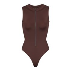 Swim Zip Front Sleeveless One Piece - Cocoa | SKIMS Coverage Swimsuit, Sleeveless One Piece, Long Sleeve Shrug, Long Sleeve Swimsuit, Cut Out One Piece, Black One Piece, One Piece Suit, One Piece Swim, Size 16 Dresses