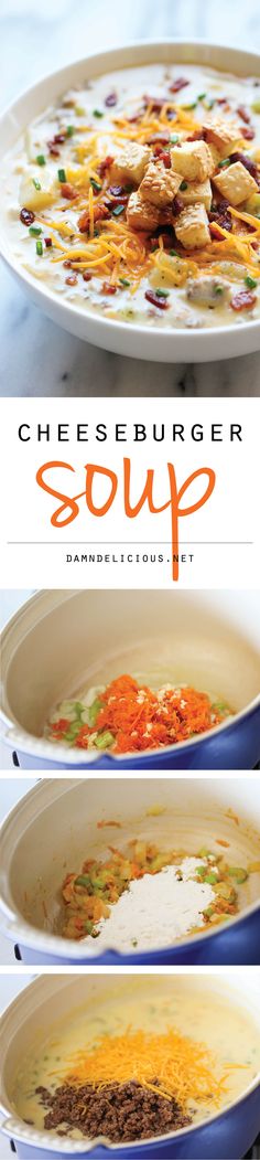 the recipe for cheesy hamburger soup is shown in four different dishes, including one with