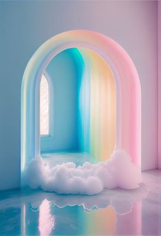 a rainbow arch with white clouds in front of it and a blue wall behind it