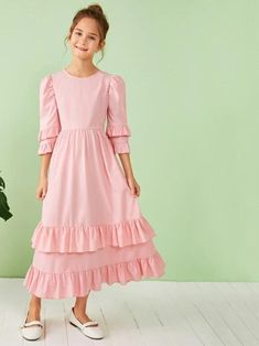 Style: GlamorousColor: Pink, PastelPattern Type: PlainNeckline: Round NeckDresses Length: LongType: A LineDetails: Ruffle, Tiered Layer, Ruffle Hem, ZipperSleeve Length: Long SleeveSleeve Type: Flounce Sleeve, Puff SleeveSeason: SpringComposition: 100% PolyesterMaterial: PolyesterFabric: Fabric has no stretchWaist Line: High WaistHem Shaped: Flared, Layered/TieredSilhouette: Fit and Flare Indian Designer Outfits