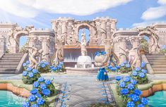 a painting of a blue flower garden and fountain