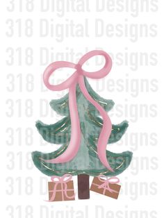 a green christmas tree with pink ribbon and presents under it on a white background that says digital designs