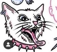 a drawing of a cat with its mouth open next to a man's head