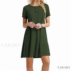 Lasaky - Golden Han Loose Maxi Dress with Short Sleeves Loose Mini Dress, Short Maxi Dress, Boho Beach Dress, Loose Maxi Dress, Short Summer Dresses, Solid Color Dress, Round Neck Dresses, Women's Casual Style, Crewneck Dress