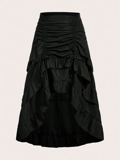 Solid Drawstring Ruched Ruffle Hem Skirt Black Casual   Woven Fabric Halloween,Plain Asymmetrical Non-Stretch  Women Clothing, size features are:Bust: ,Length: ,Sleeve Length: Gothic Skirt, Steampunk Skirt, Bustle Skirt, Costume Noir, Corset Skirt, Black Costume, Gothic Steampunk, Half Skirt, Party Skirt