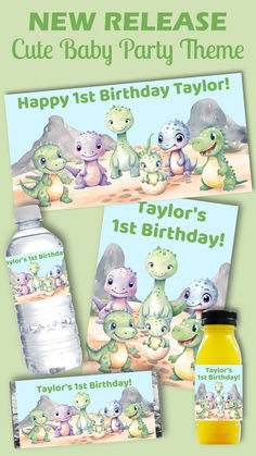 Super Cute Personalised Baby Dinosaurs Birthday Party Decorations Supplies Packs Shop Online Australia Banners Bunting Wall Display Chocolate Wrappers Juice Water Pop Top Bottle Juice Labels Posters Invites Cup Stickers Ideas Inspiration Cake Table Katie J Design and Events Baby Shower 1st First Birthday Baby Dinosaur Party, Dinosaurs Birthday Party, Baby Party Themes, Bottle Juice, Dinosaurs Birthday, Jurassic Park Party, Dinosaur Party Decorations, J Design, Dinosaur Party Supplies