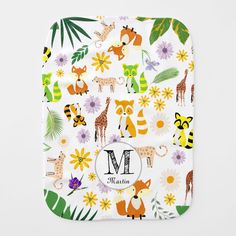 an animal themed bib with the letter m on it