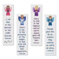 three cross stitch bookmarks with the words glory to god and angels in blue on them