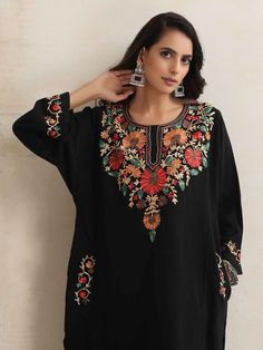 Buy Black Embroidered Woolen Kurta | TB3834/TRBS2 Winter Wardrobe Essentials, Embroidered Wool, Embroidery Designs Fashion, Embroidery Dress, Hand Embroidery Designs, Winter Wardrobe, Wardrobe Essentials, Hand Embroidery, Embroidery Designs