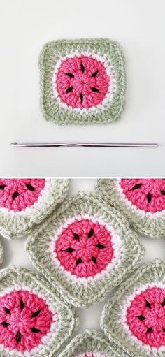 crocheted watermelon coasters are shown in pink and green