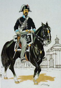 a drawing of a man riding on the back of a black horse