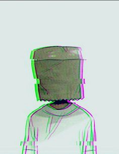 a drawing of a person with a box on their head, in green and purple