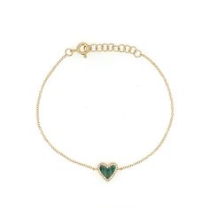 Pave Diamond & Malachite Heart Bracelet 14K Yellow Gold 0.06 Carats of Diamonds 0.13 Carats of Malachite 6.5" Length Heart: 0.31" Length X 0.34" Wide Elegant Emerald Jewelry With Heart Charm, Luxury Heart-shaped Emerald Jewelry, Elegant Green Heart-shaped Bracelet, Elegant Malachite Bracelet Jewelry, Elegant Malachite Bracelet, Pave Ear Cuff, Xo Necklace, Triple Layer Necklace, Charm Choker Necklace