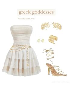 a white dress with gold accessories and heels