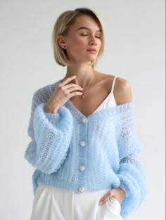 Elegant Blue Winter Cardigan, Elegant Mohair Sweater For Winter, Elegant Mohair Winter Sweater, Elegant Mohair Cardigan For Spring, Elegant Spring Mohair Cardigan, Winter Wedding Mohair Sweater, Elegant Fitted Mohair Cardigan, Elegant Hand Knitted Winter Cardigan, Elegant Hand Knitted Fall Outerwear