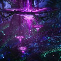 an artistic scene with purple lights in the forest