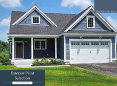 a blue house with white trim on the front and side windows is featured in an advertisement for exterior paint selection