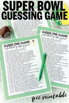 the super bowl guess game is on top of a table with green pens and paper