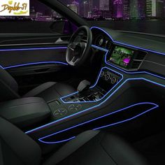 the interior of a car is lit up with blue leds and black leather seats