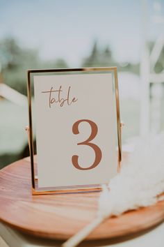 the table numbers are placed on a wooden plate with feathers around it and there is a white feather in front of them