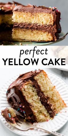 a slice of yellow cake with chocolate frosting and sprinkles on top