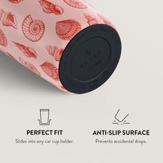 an image of a pink cup with red leaves on it and the words perfect fit, anti - slip surface