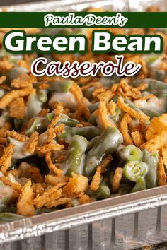 green bean casserole in a metal pan with the title text overlaying