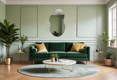 a living room with green walls and wooden floors, a round coffee table in front of the couch