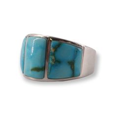 Three Sonoran Gold Turquoise stones set in wide, silver band. Size 12. Formal Turquoise Multi-stone Rings, Modern Turquoise Ring With Polished Finish, Turquoise Polished Ring, Formal Turquoise Rings With Polished Finish, Formal Turquoise Ring With Polished Finish, Formal Polished Turquoise Ring, Turquoise Rings With Polished Finish, Wide Silver Band, Wide Band Ring