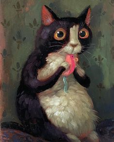 a painting of a black and white cat holding a toy