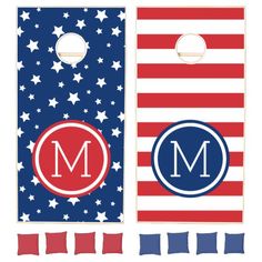 two red, white and blue door hangers with the letter m on them