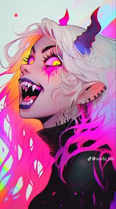 a drawing of a woman with pink hair and fangs on her face, in front of an abstract background