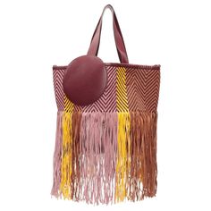 ROKSANDA Eider brown burgundy yellow calfskin leather woven fringe large tote bag Reference: JACG/A00096 Brand: Roksanda Model: Eider Material: Leather Color: Multicolour, Burgundy Pattern: Solid Lining: Blue Fabric Extra Details: Roksanda‚Äôs multicoloured Eider bag features an interesting play on the label‚Äôs signature structural design ‚Äî namely the solid circle appliqu√© combined with the fluidity of the fringing. CONDITION: Condition: Good, this item was pre-owned and is in good condition Bag Reference, Fringe Tote Bag, Structural Design, Orange Bows, Bag Inside, Leather Weaving, Large Bag, Leather Patches, Large Tote