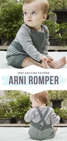 a baby sitting on the ground in front of some potted plants with text overlay that reads free knitting pattern arni romper